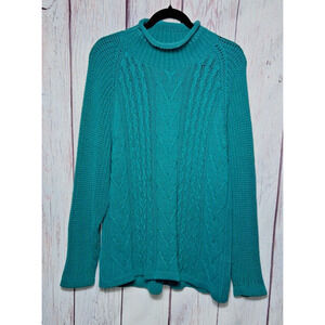 Forenza Womens Vintage 80s Green Chunky Knit Roll Neck Cotton Pullover Sweater L
